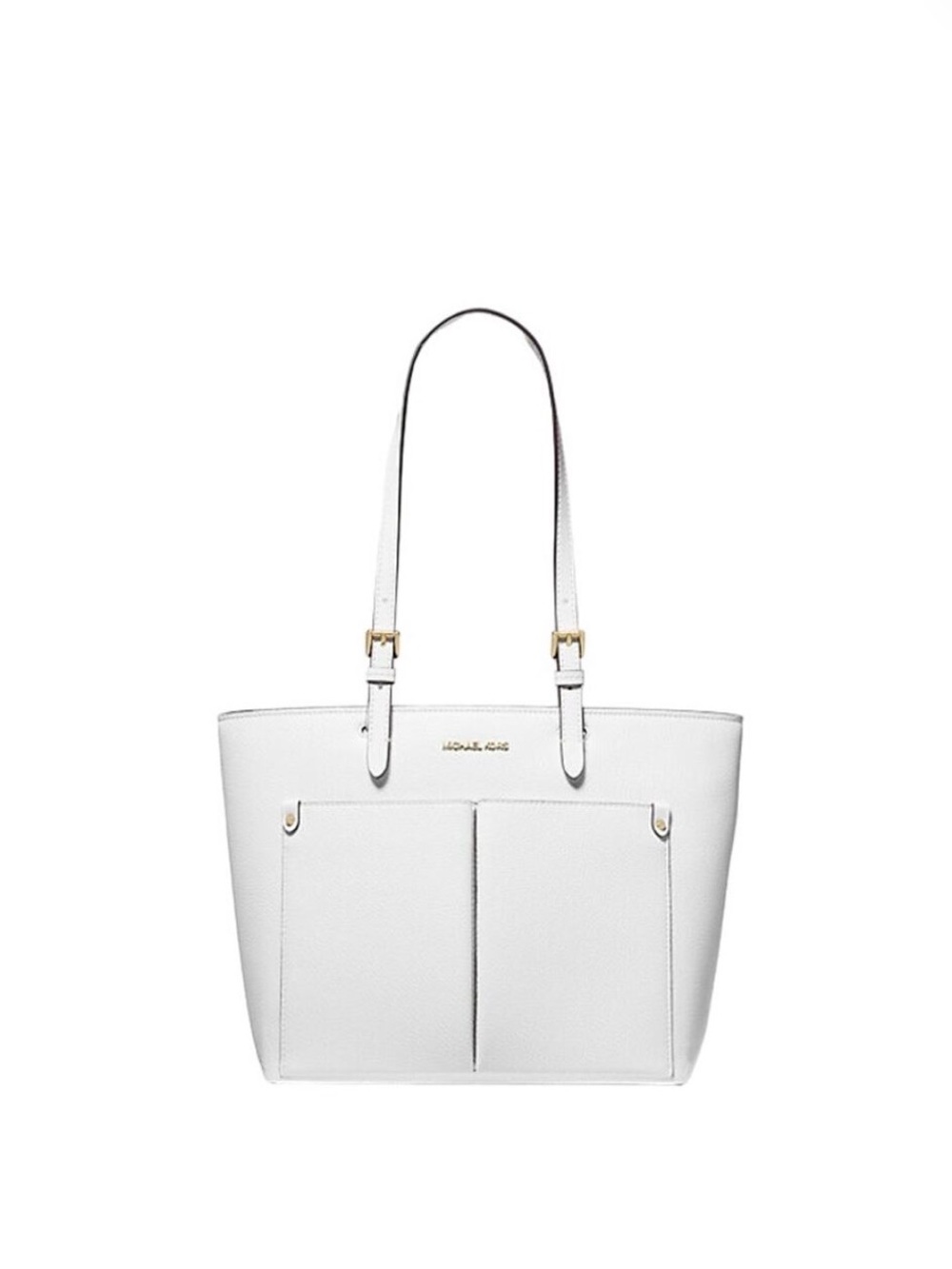 Michael Kors Jet Set Travel Optic White Leather Double Pocket Tote